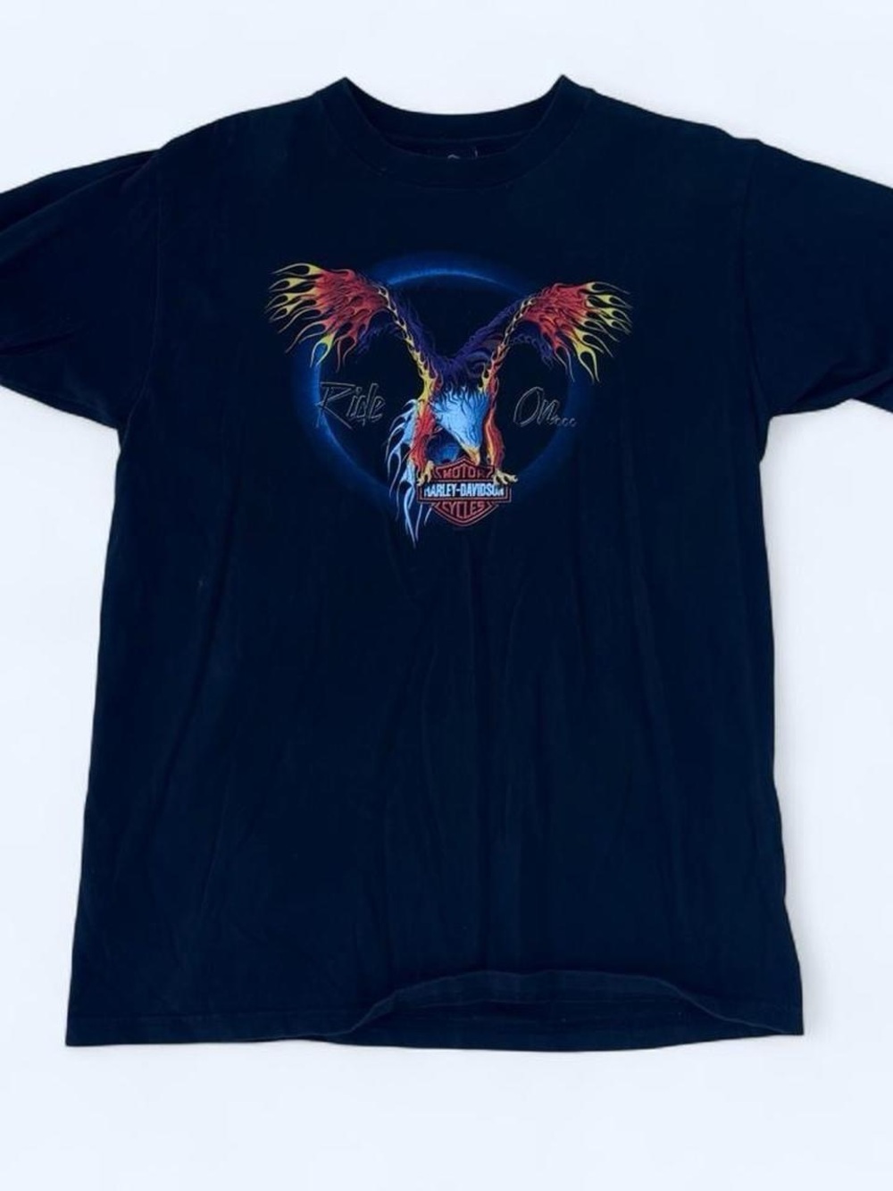 Harley-Davidson Black Tee with Multicolor Flame Eagle Graphic 2001